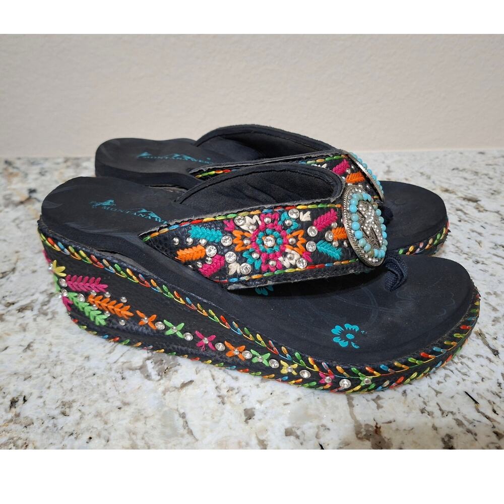 Montana West Flip Flop Sandals Embroidered Wedge Turquoise Sz 9 Concho